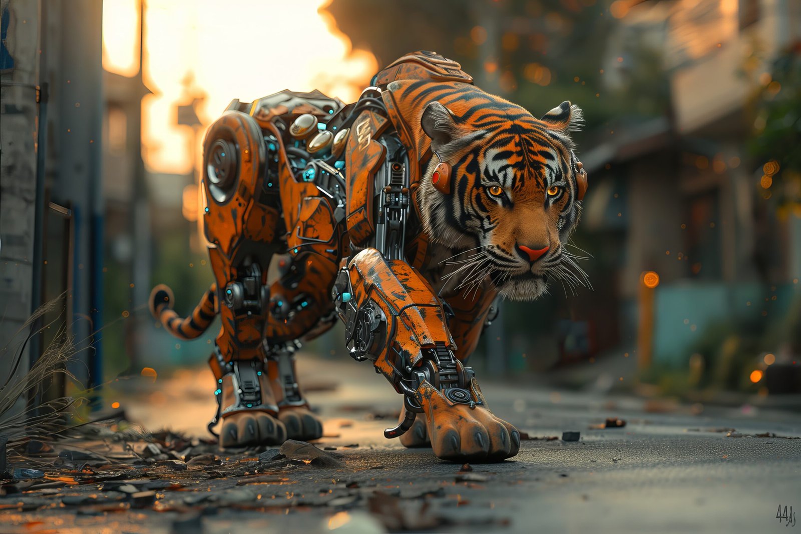 A photorealistic tiger with numerous cybernetic parts walking along an abandoned street in a suburban area at dusk. The tiger has robotic legs, a bionic tail, and multiple mechanical patches on its fur. The streets are empty, with houses lining the road, and the soft, golden light of the sunset creates a serene and surreal atmosphere, highlighting the tiger's futuristic features. Maximum detail. 4K --ar 3:2 --stylize 1000 Job ID: 00e25763-a080-43e0-8556-c90696fcf27b