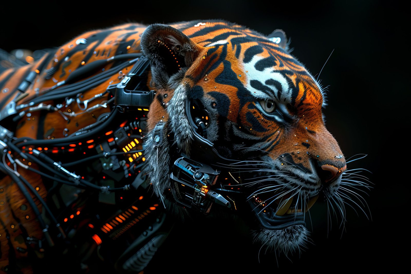 A photorealistic studio photograph of a single tiger with robotic enhancements, caught mid-roar against a clean black background. The tiger has a mechanical jaw, cybernetic eyes, and metallic patches on its fur. The lighting is focused, emphasizing the tiger's fierce expression and futuristic design, without any extraneous particles or lights. Maximum detail. 4K --ar 3:2 --stylize 700 Job ID: b5edaa16-4742-49e4-aec2-c845cad39ecd