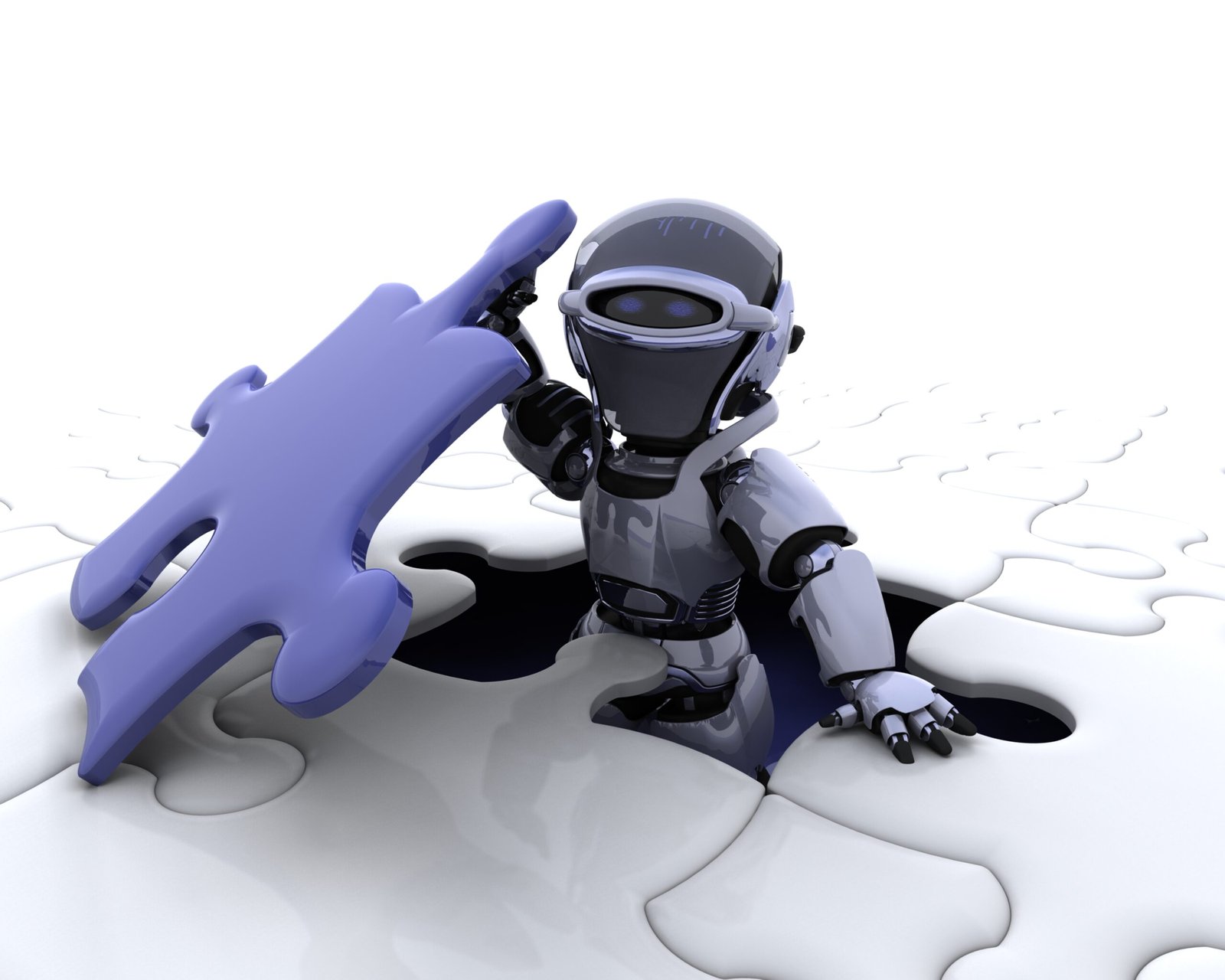3D render of a robot with the final piece of the jigsaw puzzle